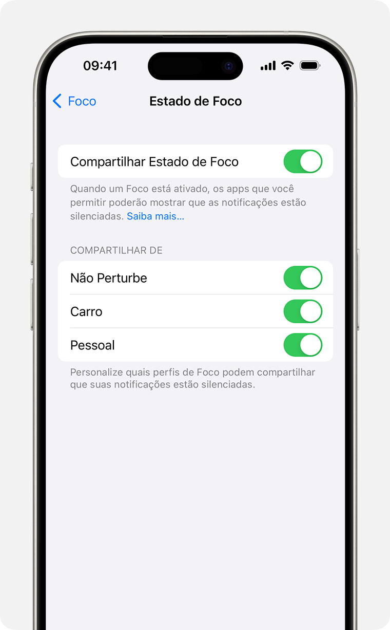 Ajustes de compartilhamento do Estado de Foco em Ajustes &; Foco &; Estado de Foco