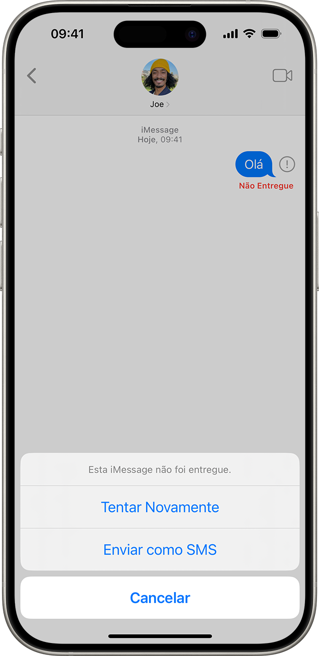 Quando o iMessage não consegue entregar uma mensagem, um ponto de exclamação vermelho aparece, e você tem a opção de tentar novamente ou enviar como uma mensagem SMS.