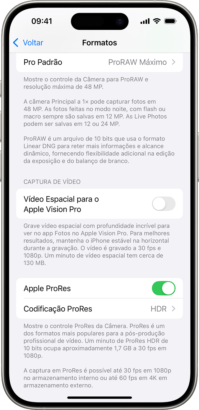 iPhone mostrando os ajustes de Formatos da Câmera