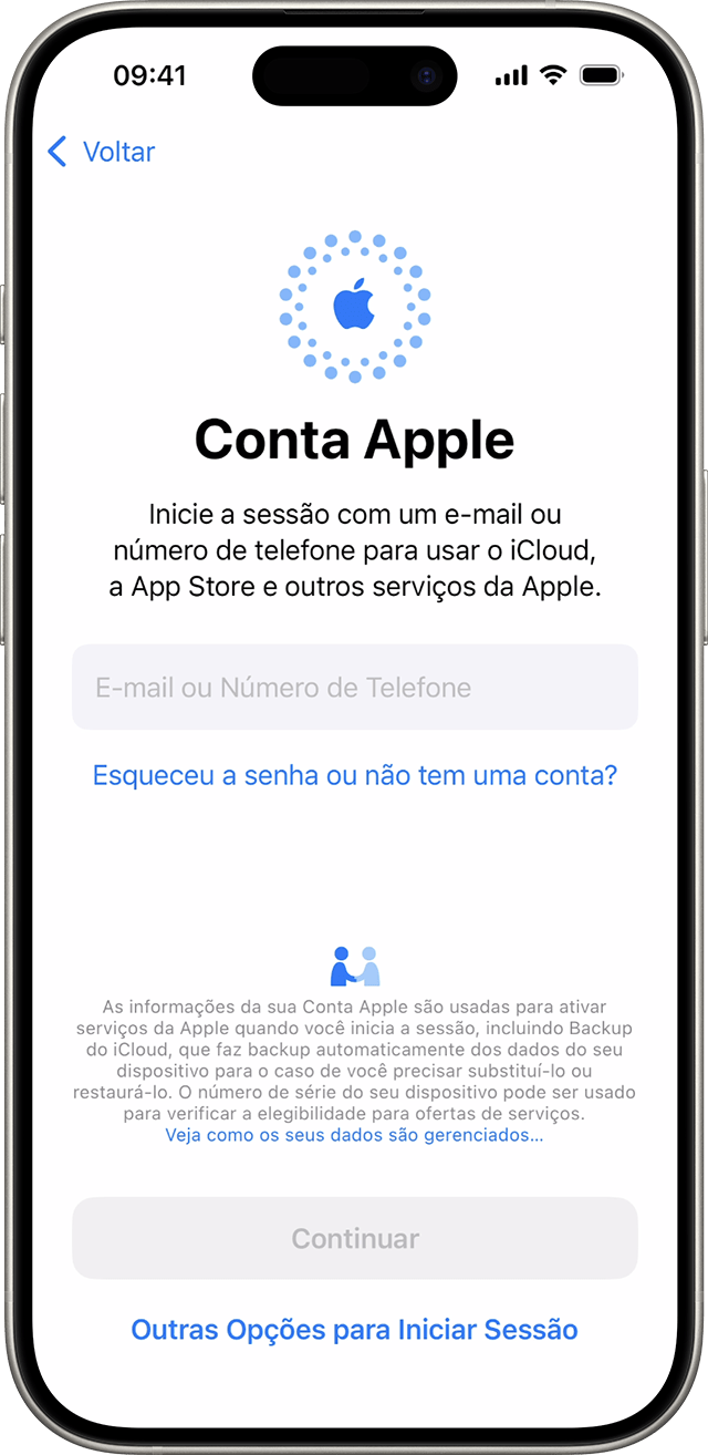 Use seu endereço de e-mail ou número de telefone para iniciar sessão com a Conta Apple durante o processo de configuração do iPhone no iOS 18.