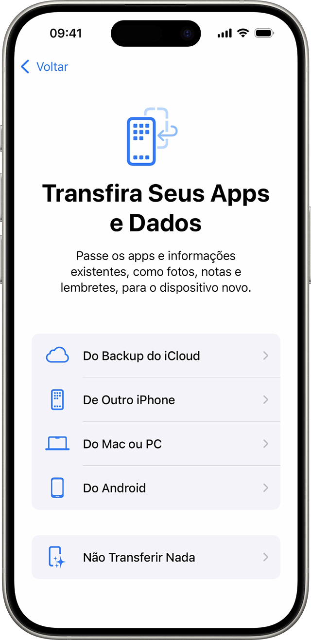 Opções em "Transfira Seus Apps e Dados" ao configurar um iPhone no iOS 18.