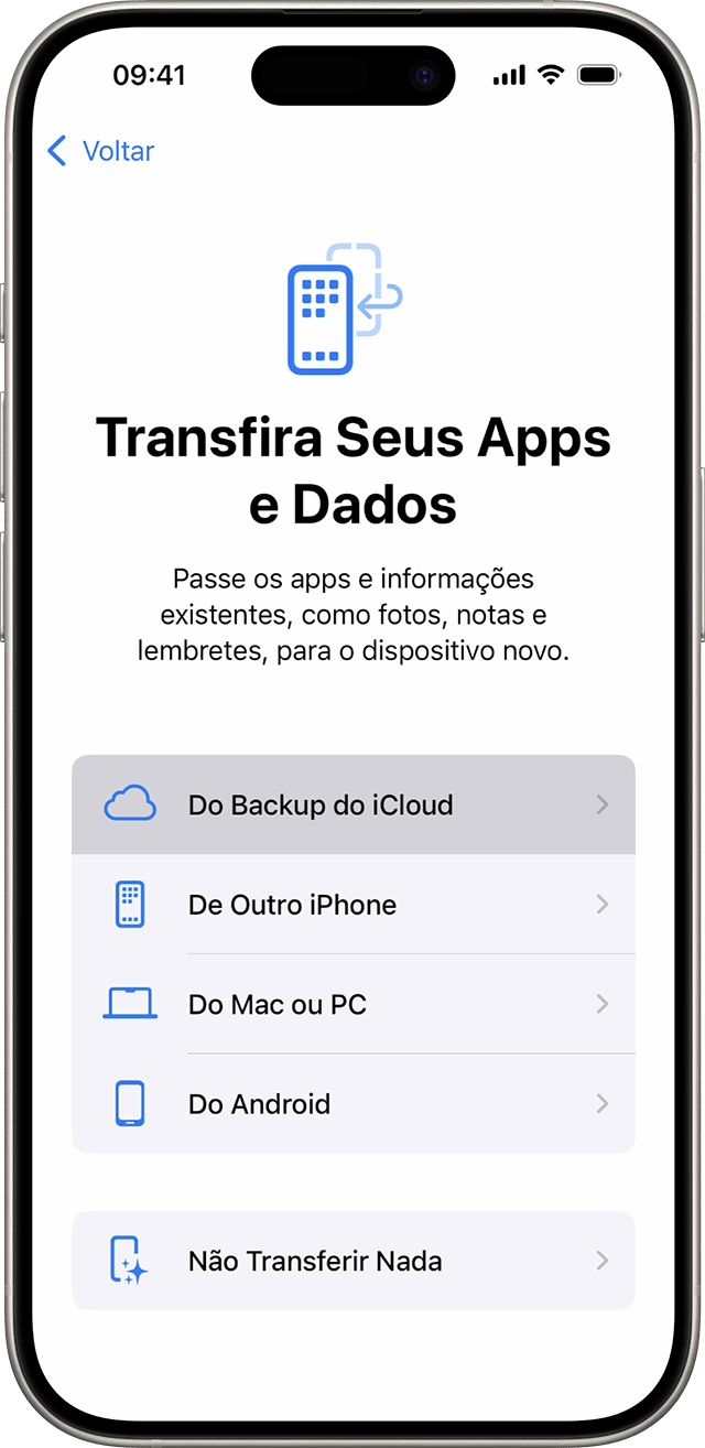 iPhone mostrando a tela “Apps e Dados” com a opção “Restaurar de um Backup do iCloud” selecionada