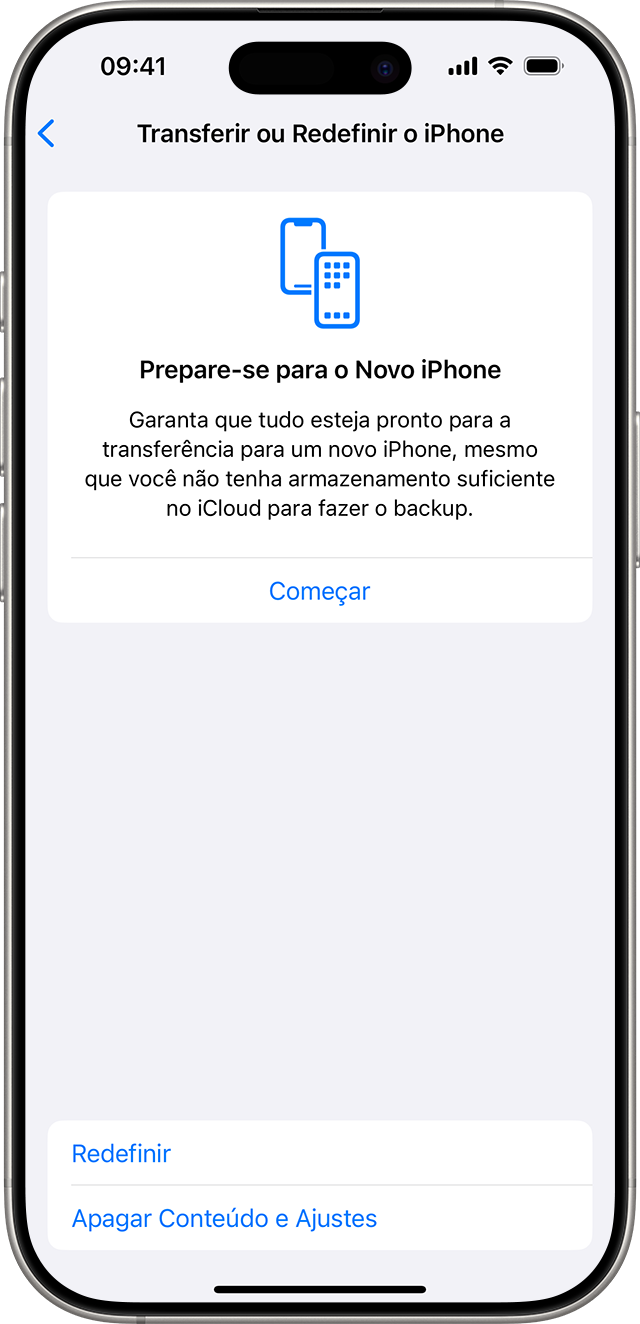 iPhone mostrando as opções para redefinir ou apagar conteúdo e ajustes