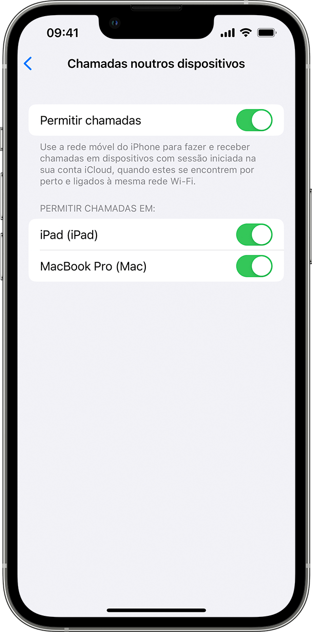 iPhone a mostrar o ecrã Chamadas noutros dispositivos. A funcionalidade Permitir chamadas está ativada e permite chamadas no iPad e no MacBook Pro do John.