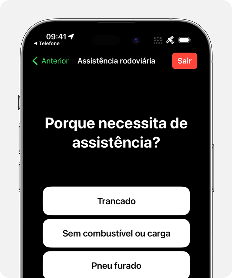 Quando enviar mensagens de texto para obter assistência rodoviária por satélite, irá responder a perguntas sobre a natureza da sua emergência.