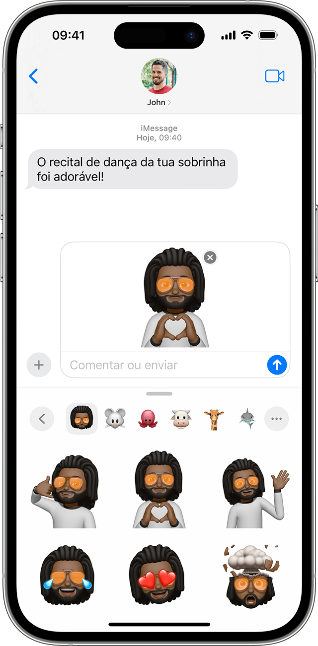 iPhone a mostrar como selecionar um sticker de Memoji.