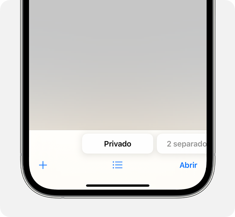 Um iPhone a mostrar a app Safari com o grupo de separadores de navegação privada selecionado.