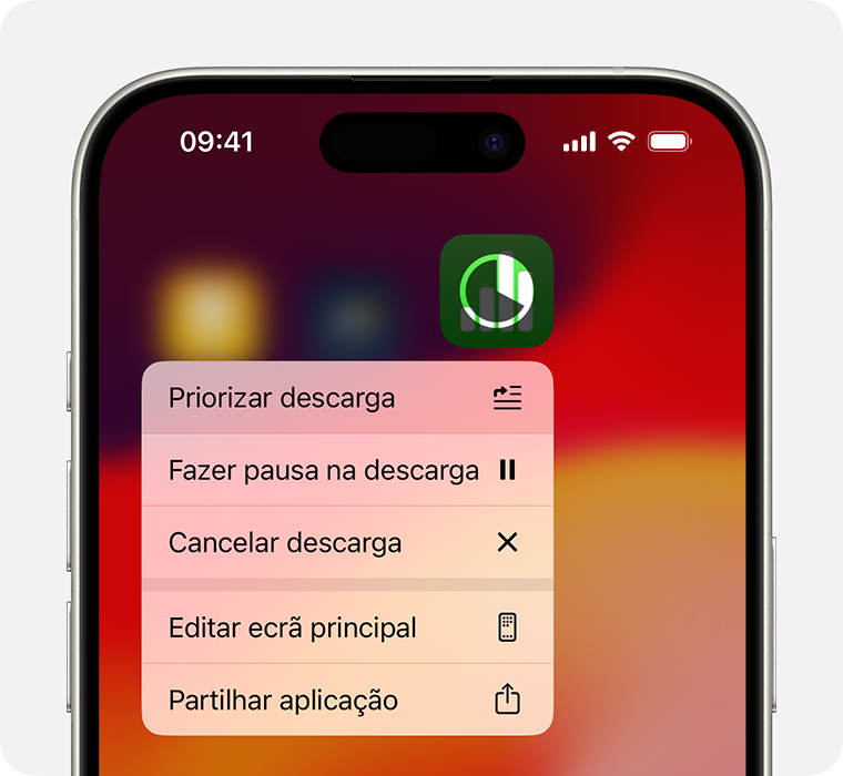 Ecrã do iPhone a mostrar um menu de descarga de apps 