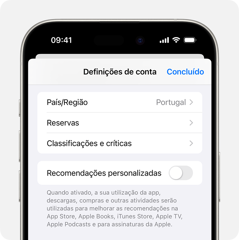 iPhone a mostrar as Reservas nas Definições da conta