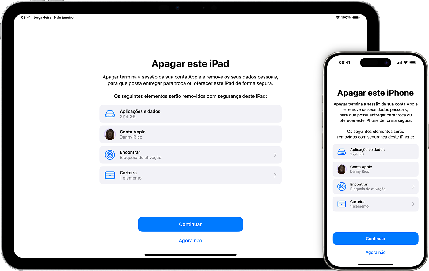 Um iPad e um iPhone a mostrar os elementos que são removidos se apagar o dispositivo