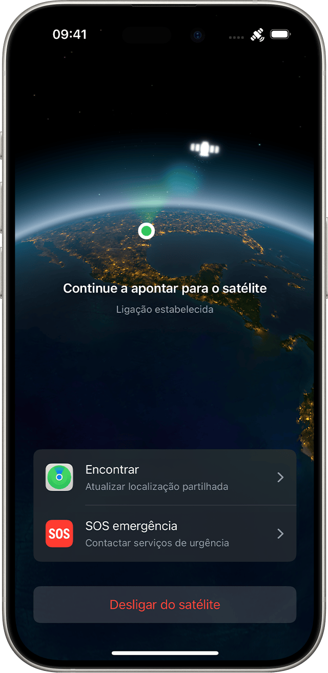 Assistente de ligação no iPhone, ligado a um satélite. Os botões para enviar e receber mensagens e as opções de utilização da funcionalidade Encontrar, pedido de assistência rodoviária e contacto dos serviços de emergência são apresentados na app.