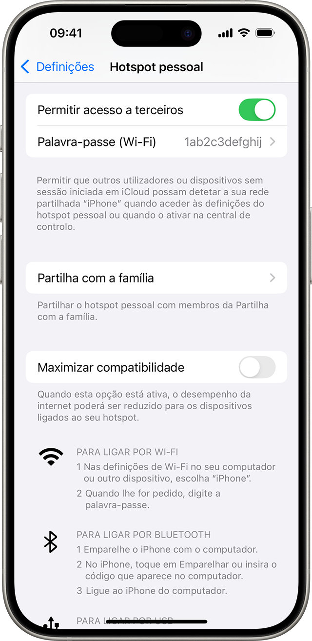 Ecrã do iPhone a mostrar a definições de Hotspot pessoal