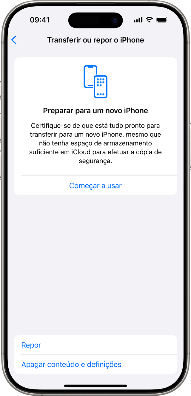 Um iPhone a mostrar as opções para repor ou apagar conteúdos e definições