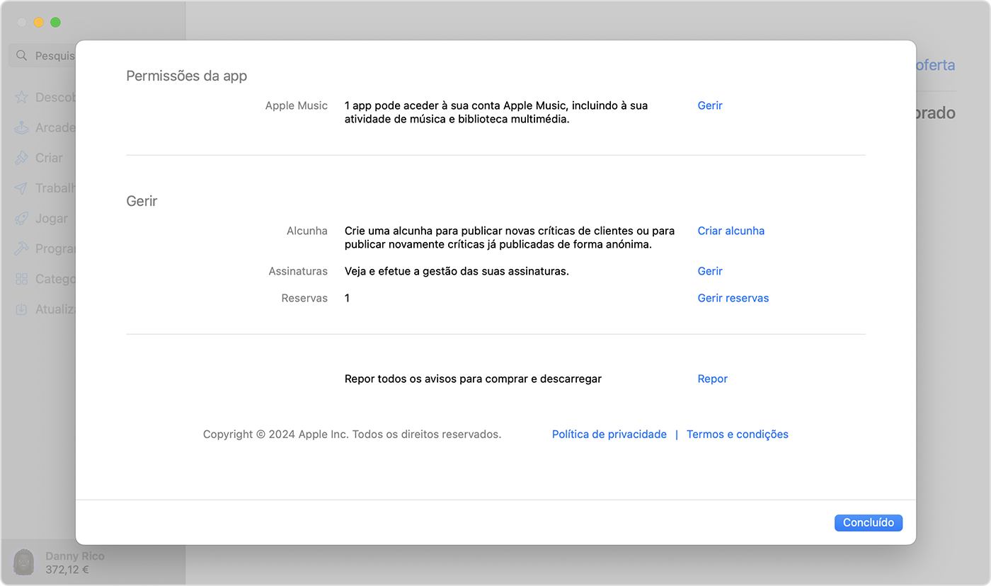 App Store no Mac a mostrar as Reservas nas Definições da conta