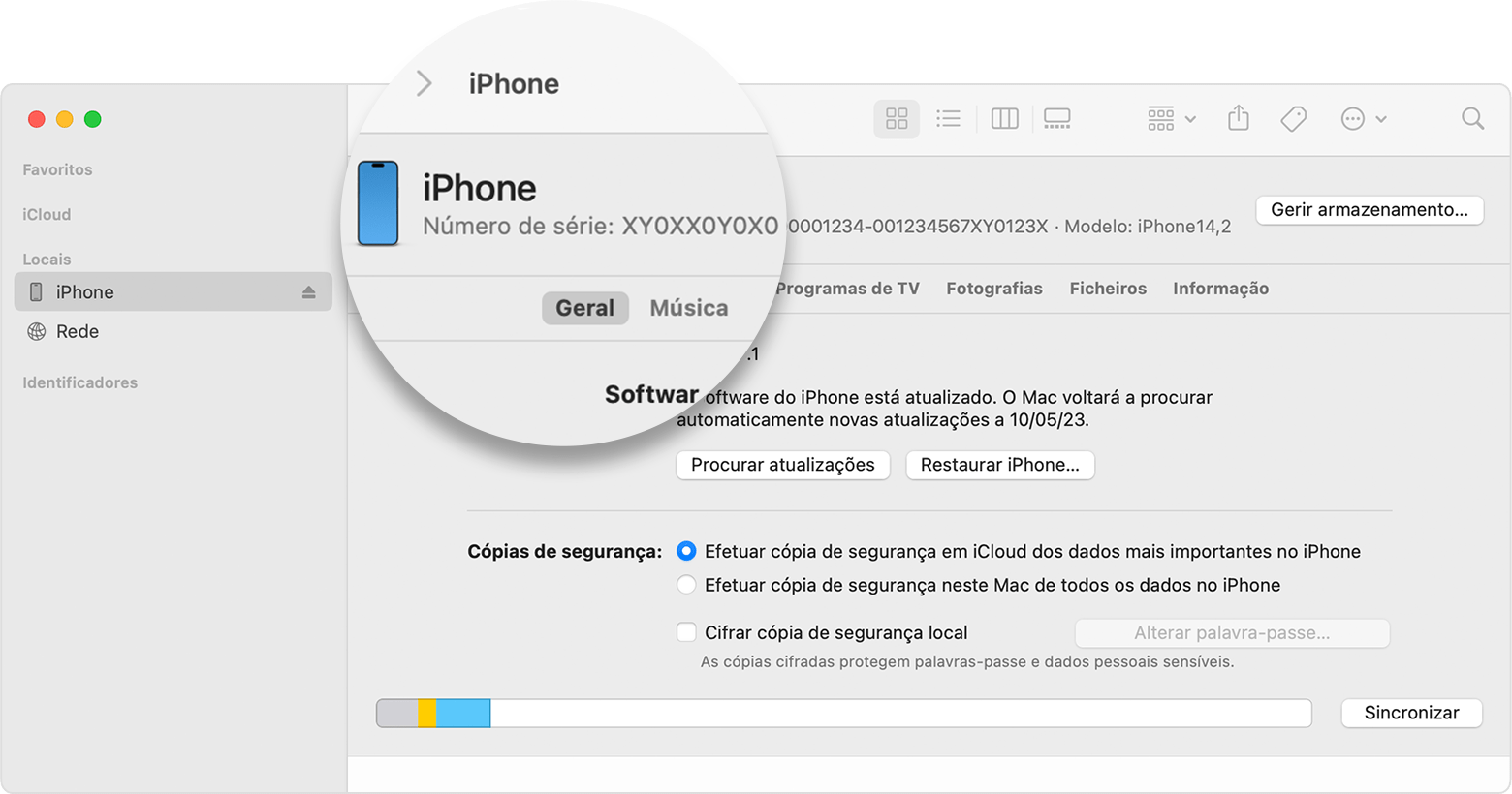 Captura de ecrã da janela Finder a mostrar o número de série do iPhone