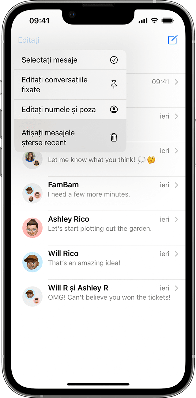 În pagina de conversații din Mesaje, atinge Editați pentru a găsi opțiunea de afișare a mesajelor șterse recent.