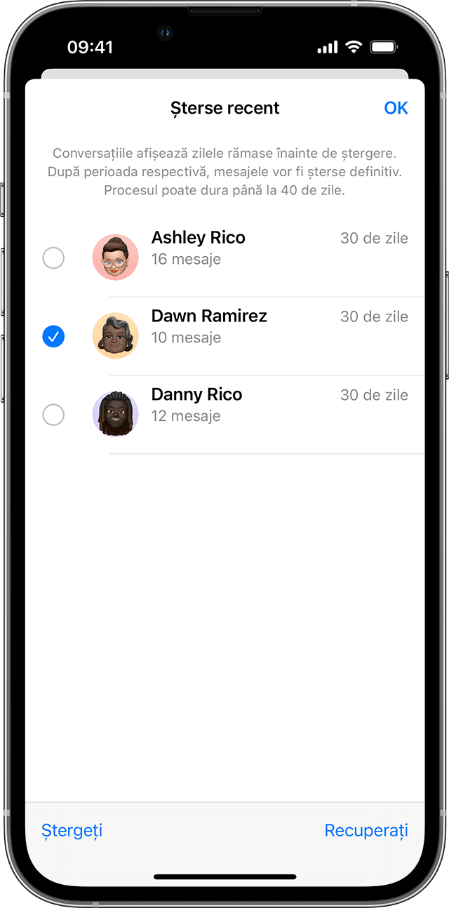 În pagina Șterse recent din Mesaje, atinge conversația care include mesajele pe care vrei să le recuperezi.