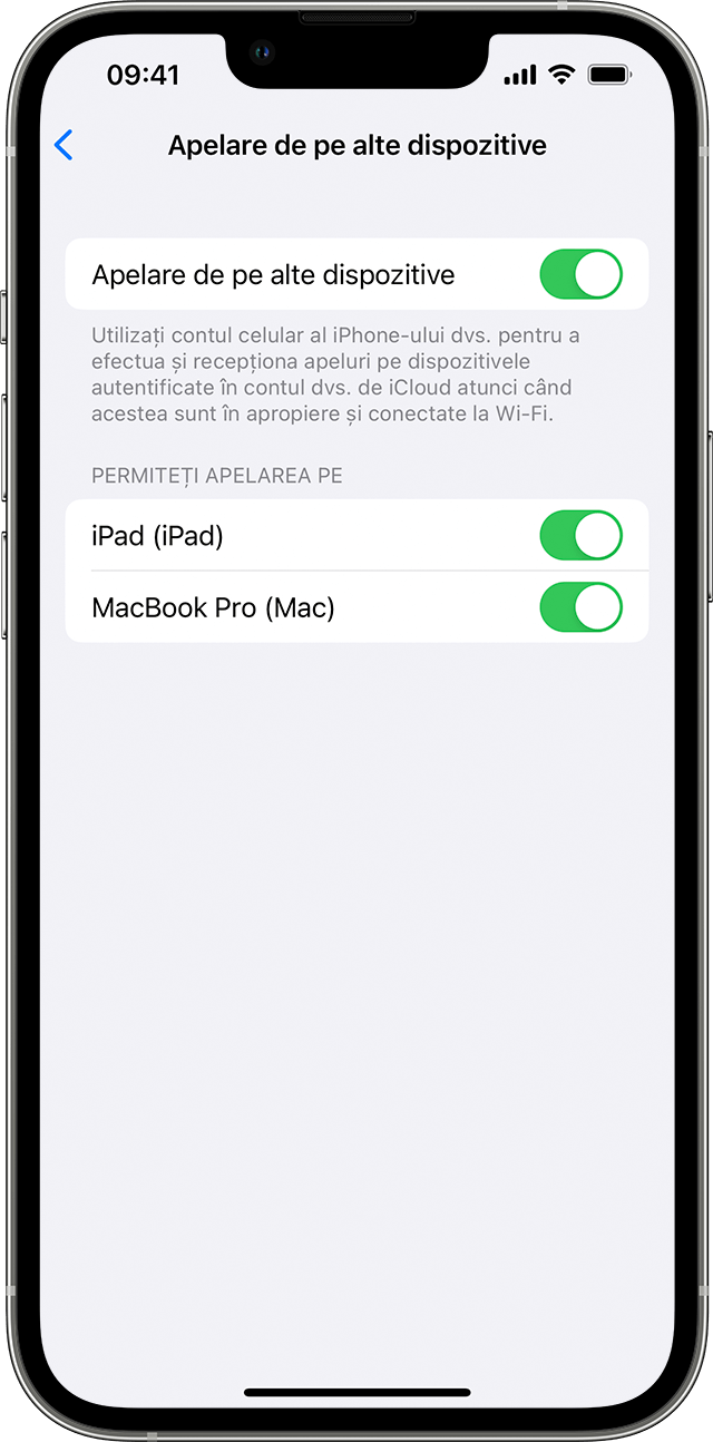 Un iPhone afișând ecranul Apelare de pe alte dispozitive. Opțiunea Apelare de pe alte dispozitive este activată și permite apeluri pe dispozitivul iPad al lui John și computerul MacBook Pro al lui John.