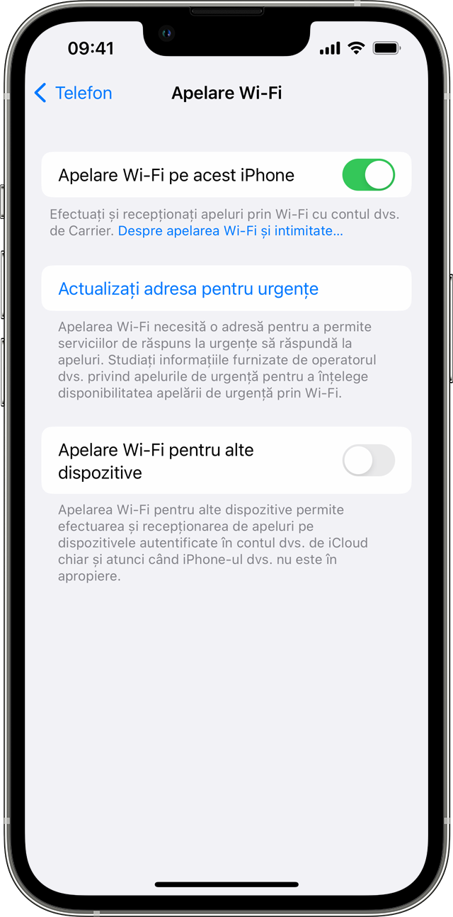 Un iPhone afișând ecranul Apelare Wi-Fi, cu opțiunea Apelare Wi-Fi pe acest iPhone activată.