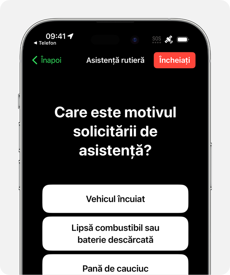 Când trimiți mesaje de asistență rutieră prin satelit, va trebui să răspunzi la solicitări cu privire la natura urgenței tale.