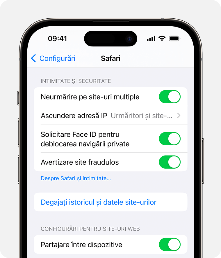 În configurările Safari, poți solicita Face ID pentru deblocarea ferestrelor de navigare privată.