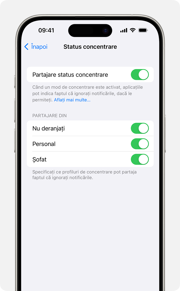 Configurări de partajare a statusului de concentrare în Configurări > Concentrare > Status concentrare