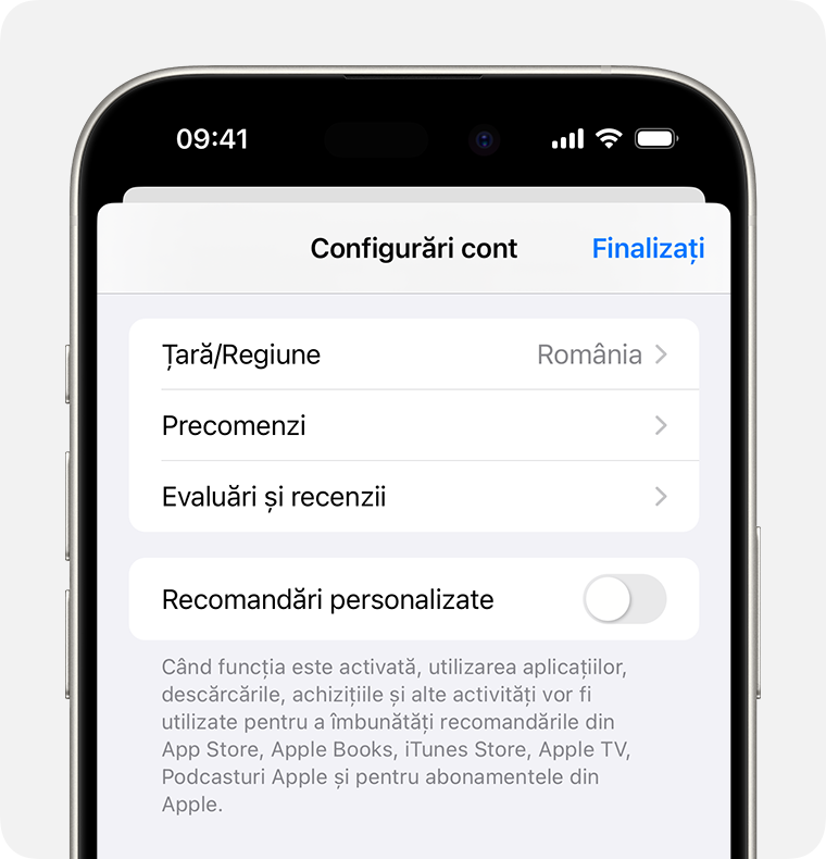 iPhone afișând precomenzi în Configurări cont