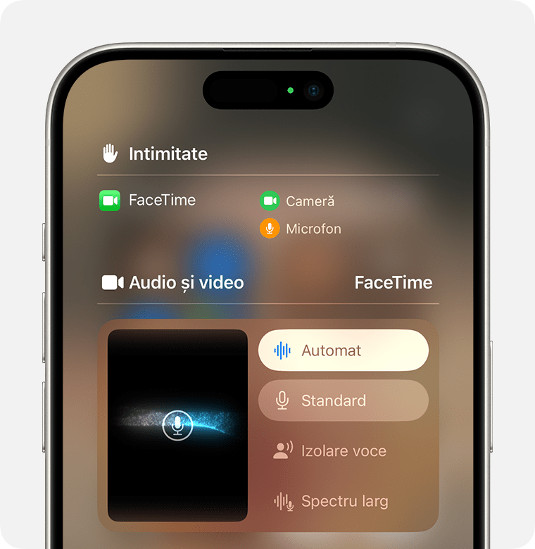 iPhone afișând comenzile audio pentru FaceTime în centrul de control. Modul microfon automat este selectat în Audio și Video.