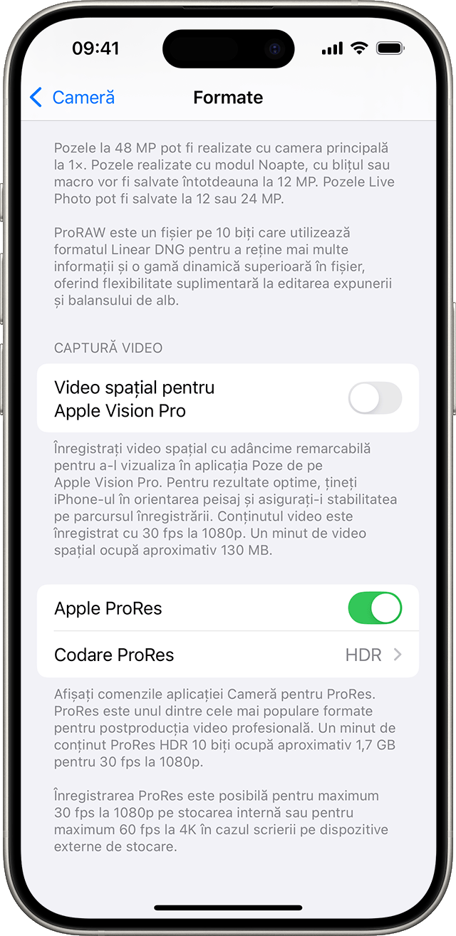 Un iPhone care afișează configurările pentru Cameră – Formate