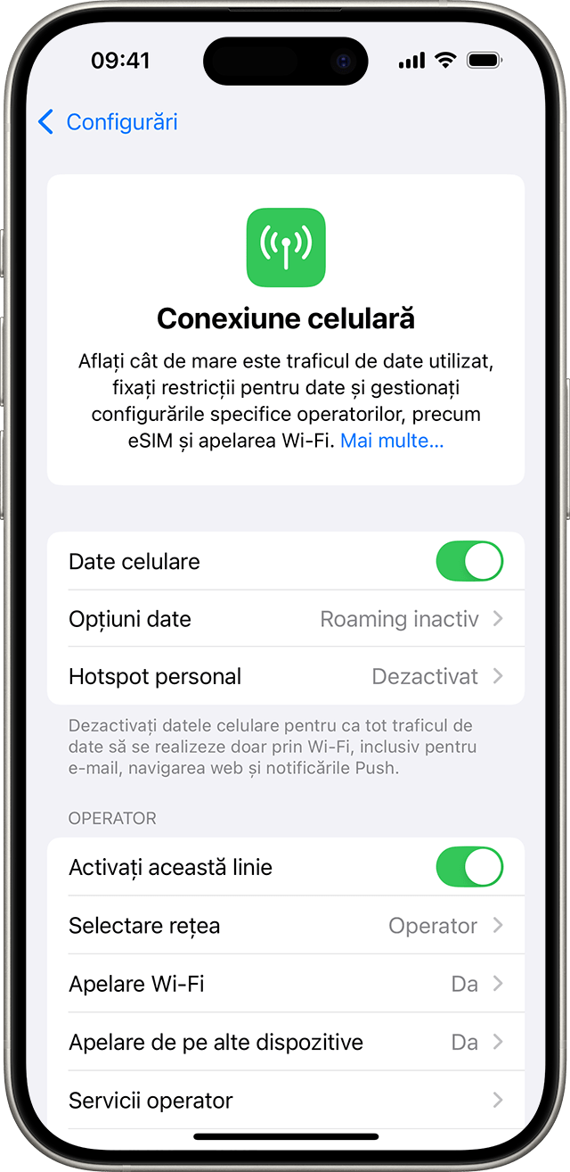 Meniul de configurări iOS 18 afișând opțiunile celulare