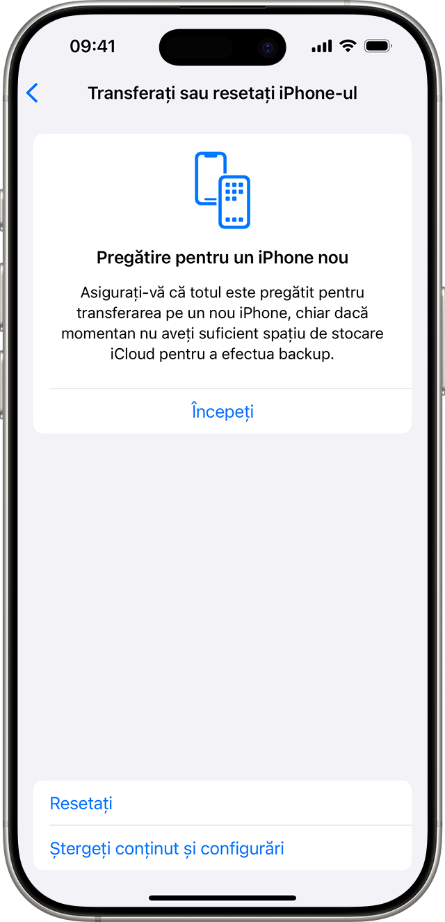 Un iPhone care afișează opțiunile de resetare sau ștergere a conținutului și a configurărilor