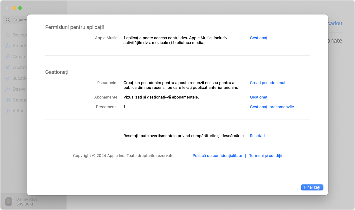 App Store pe Mac care afișează Precomenzi în Configurări cont