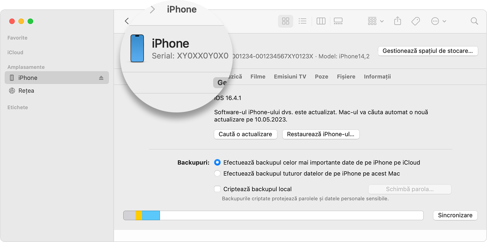 Captură de ecran a unei ferestre Finder care afișează numărul de serie al dispozitivului iPhone