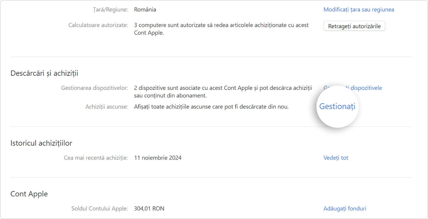 Aplicația Apple Music pentru Windows PC, care afișează Configurări cont cu evidențierea butonului Gestionați pentru Hidden Purchases (Achiziții ascunse)