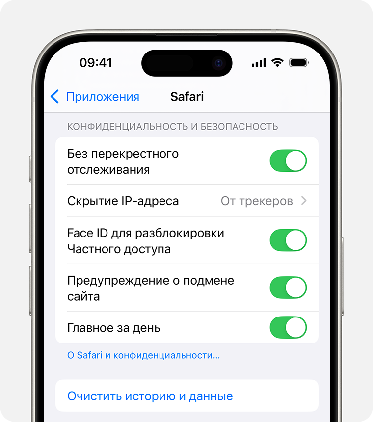 На экране iPhone отображаются настройки Safari. В нижней части раздела «Конфиденциальность и безопасность» находится кнопка «Очистить историю и данные».