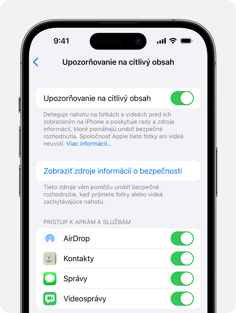 V nastaveniach v časti Súkromie a zabezpečenie v iPhone môžete zapnúť Upozornenie na citlivý obsah a vybrať, v ktorých aplikáciách chcete zapnúť ochrany.