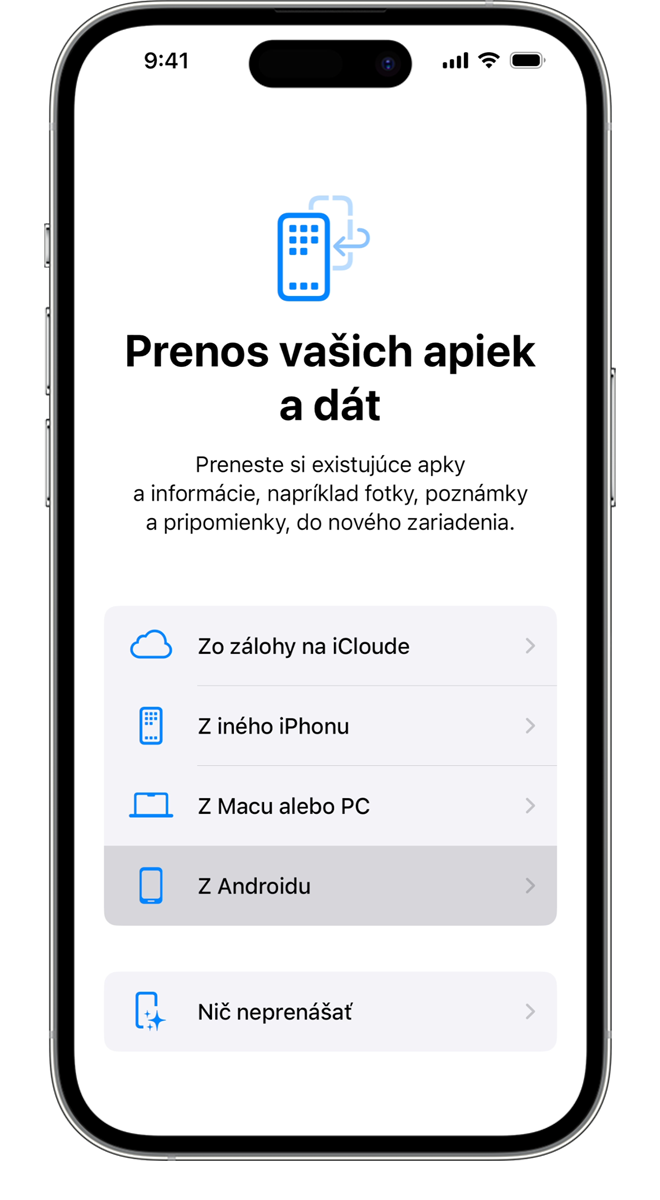 Počas procesu prenosu si môžete vybrať, ktoré apky a dáta chcete preniesť.