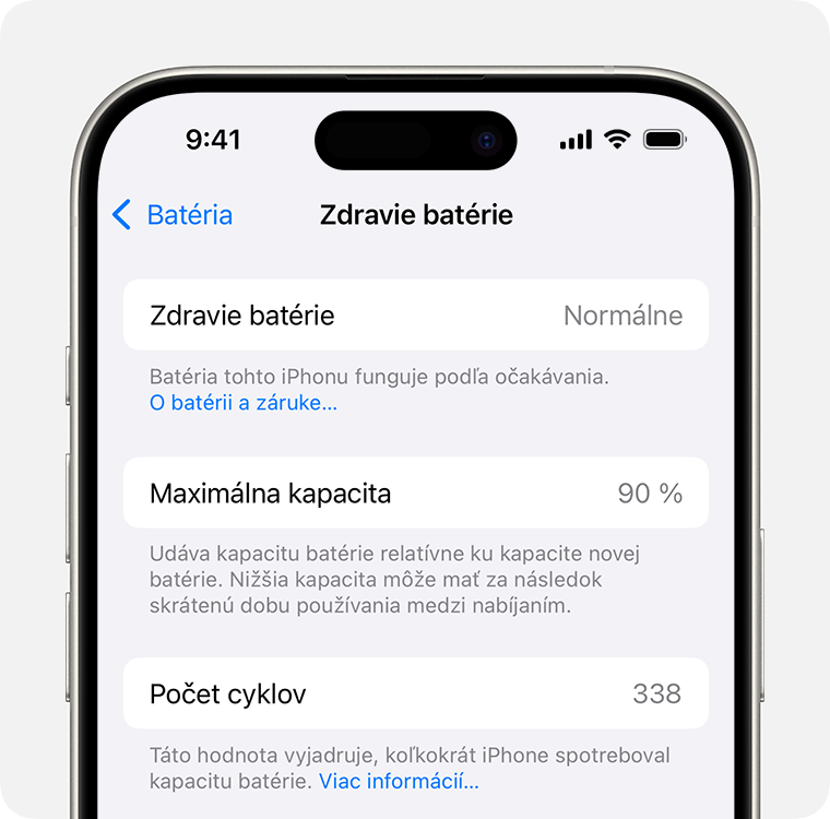 iPhone s obrazovkou Nastavenia > Batéria > Zdravie batérie