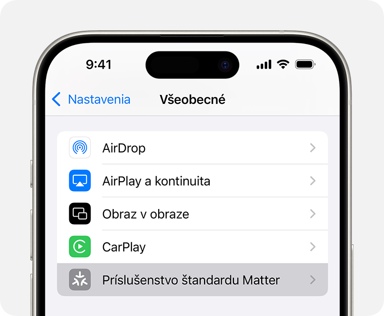 Príslušenstvo štandardu Matter v časti Nastavenia > Všeobecné na iPhone