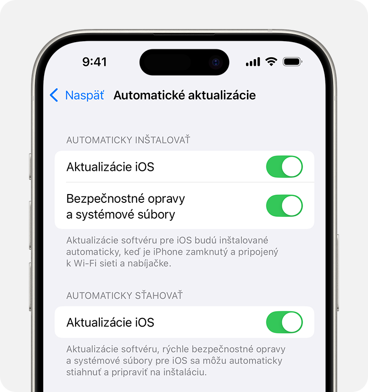 iPhone zobrazujúci obrazovku Automatické aktualizácie