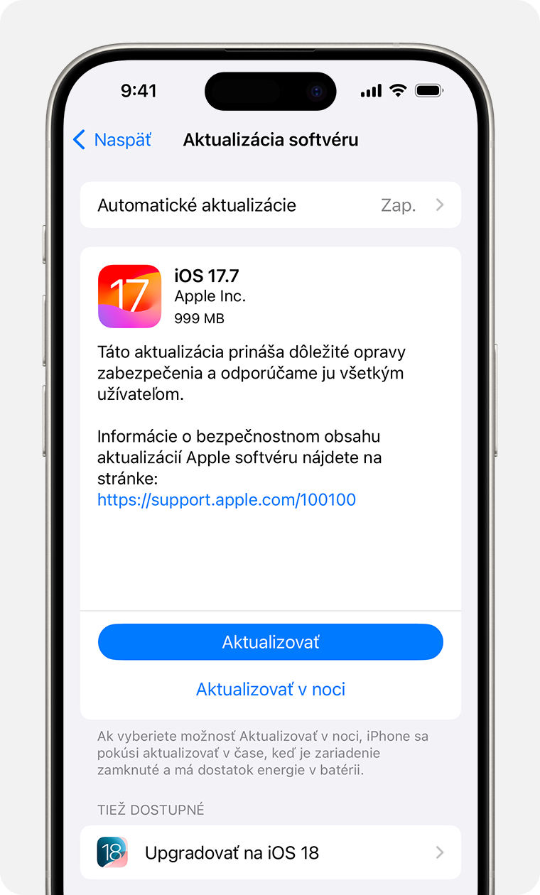 iPhone zobrazujúci obrazovku Aktualizácia softvéru. Možnosť Aktualizovať je vybratá.