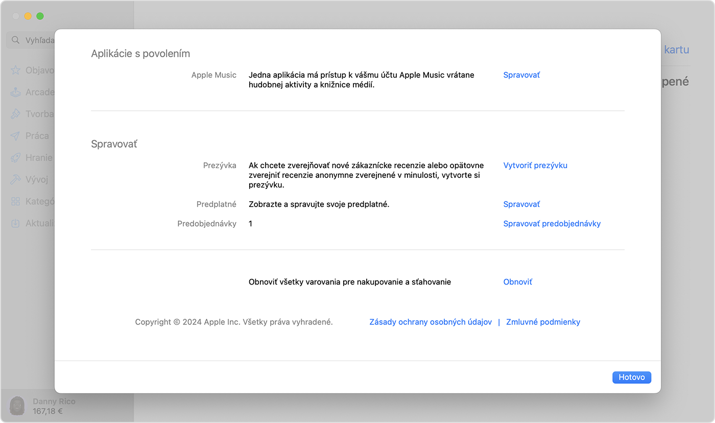 App Store na Macu zobrazujúci Predobjednávky v časti Nastavenia účtu