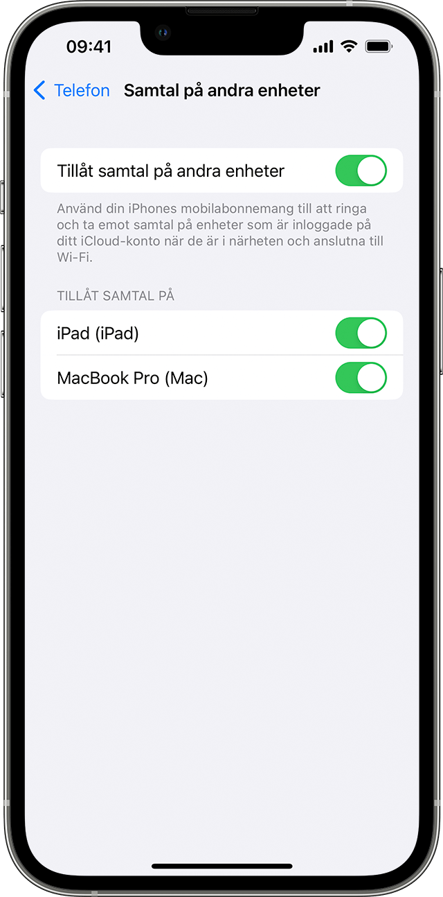 En iPhone som visar skärmen Samtal på andra enheter. Tillåt samtal på andra enheter är aktiverat och gör det möjligt att ringa på Johns iPad och hans MacBook Pro.