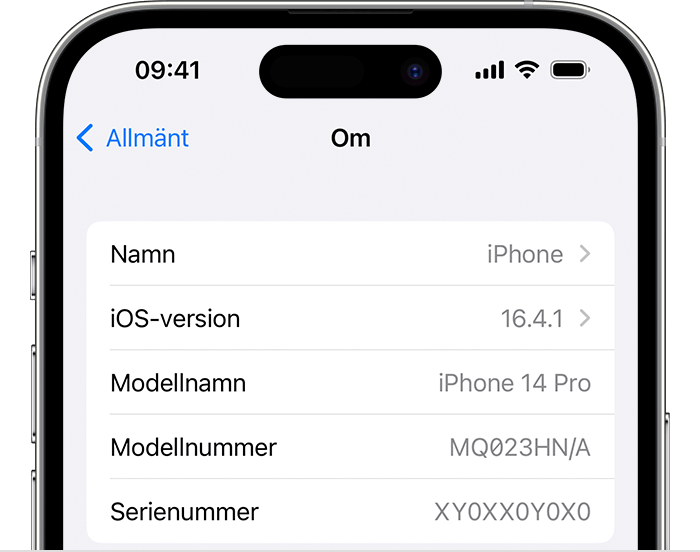 Skärmen "Om" på en iPhone