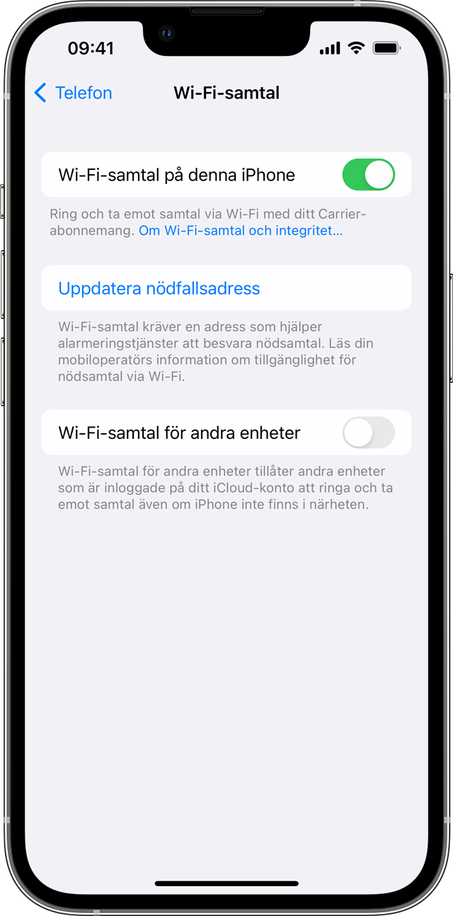 En iPhone som visar skärmen Wi-Fi-samtal med Wi-Fi-samtal på denna iPhone aktiverat.