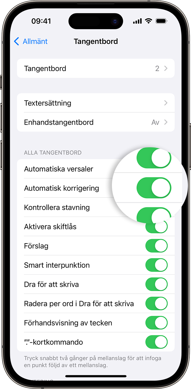 iPhone-skärm som visar hur automatisk korrigering aktiveras.