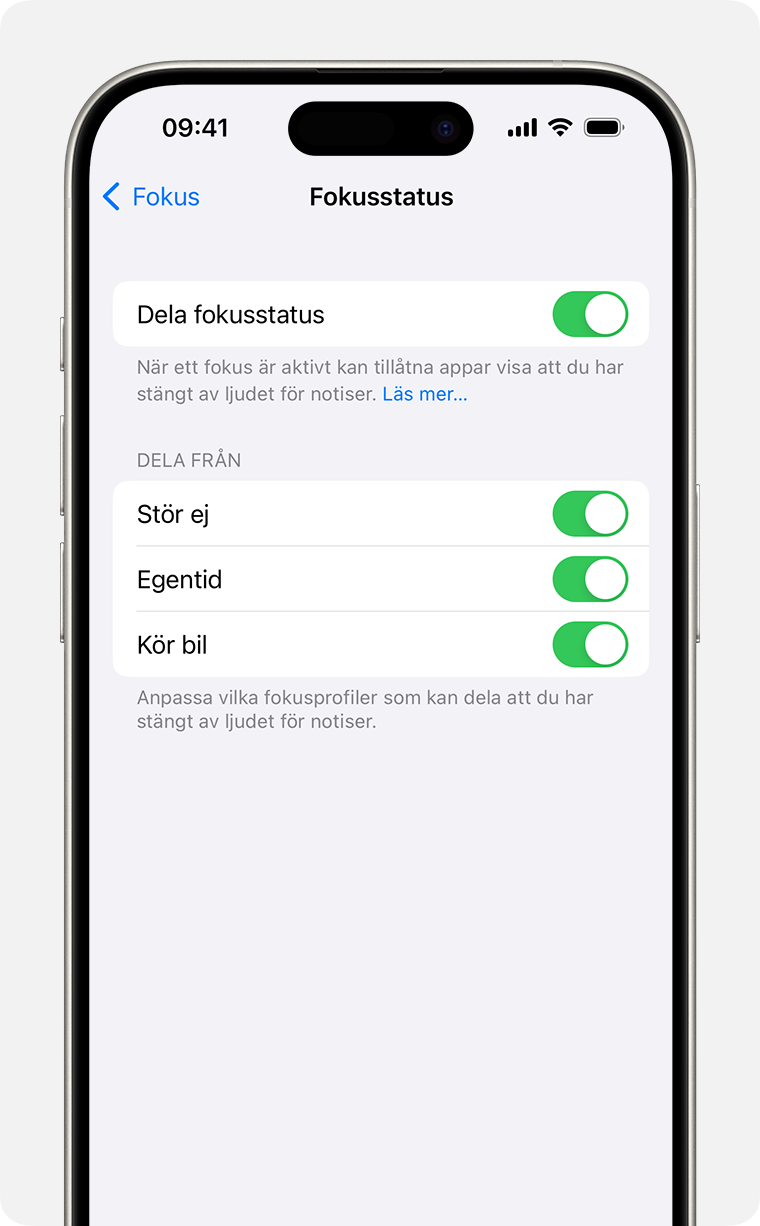 Inställningar för att dela fokusstatus i Inställningar > Fokus > Fokusstatus