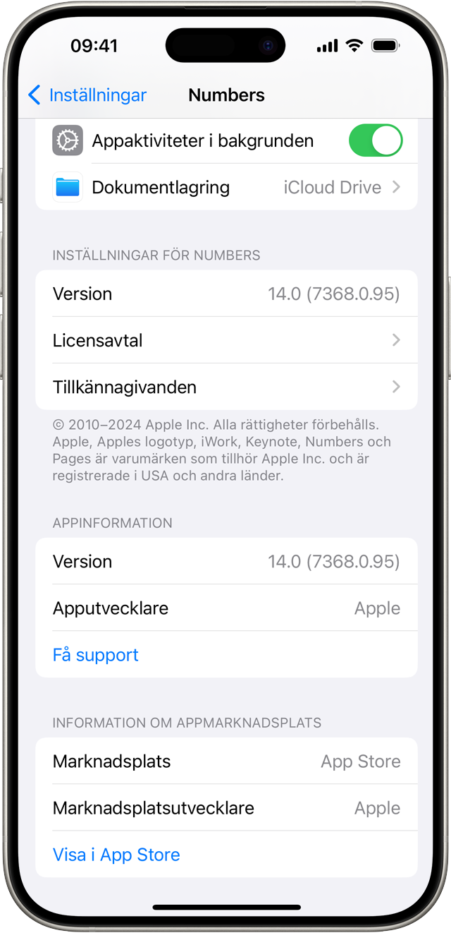 Skärmen Inställningar för en app installerad på en iPhone som visar namnet på marknadsplatsen den hämtades ifrån och en Få hjälp-länk.