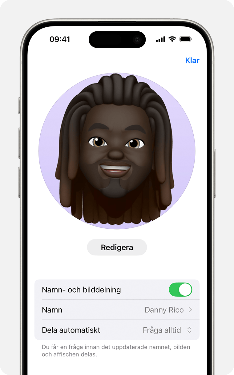 Det går att välja namn och foto som du delar i konversationer i Meddelanden. 