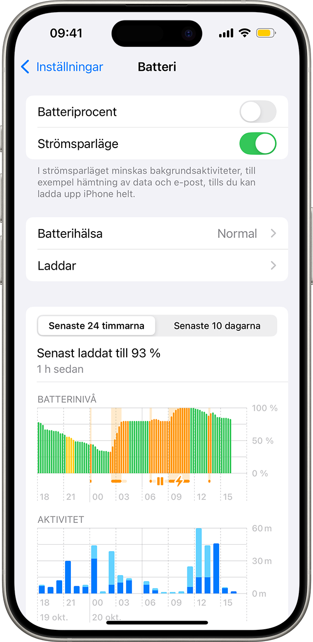 En iPhone som visar skärmen Inställningar > Batteri. Strömsparläget är på och en gul batterisymbol visas i statusfältet.